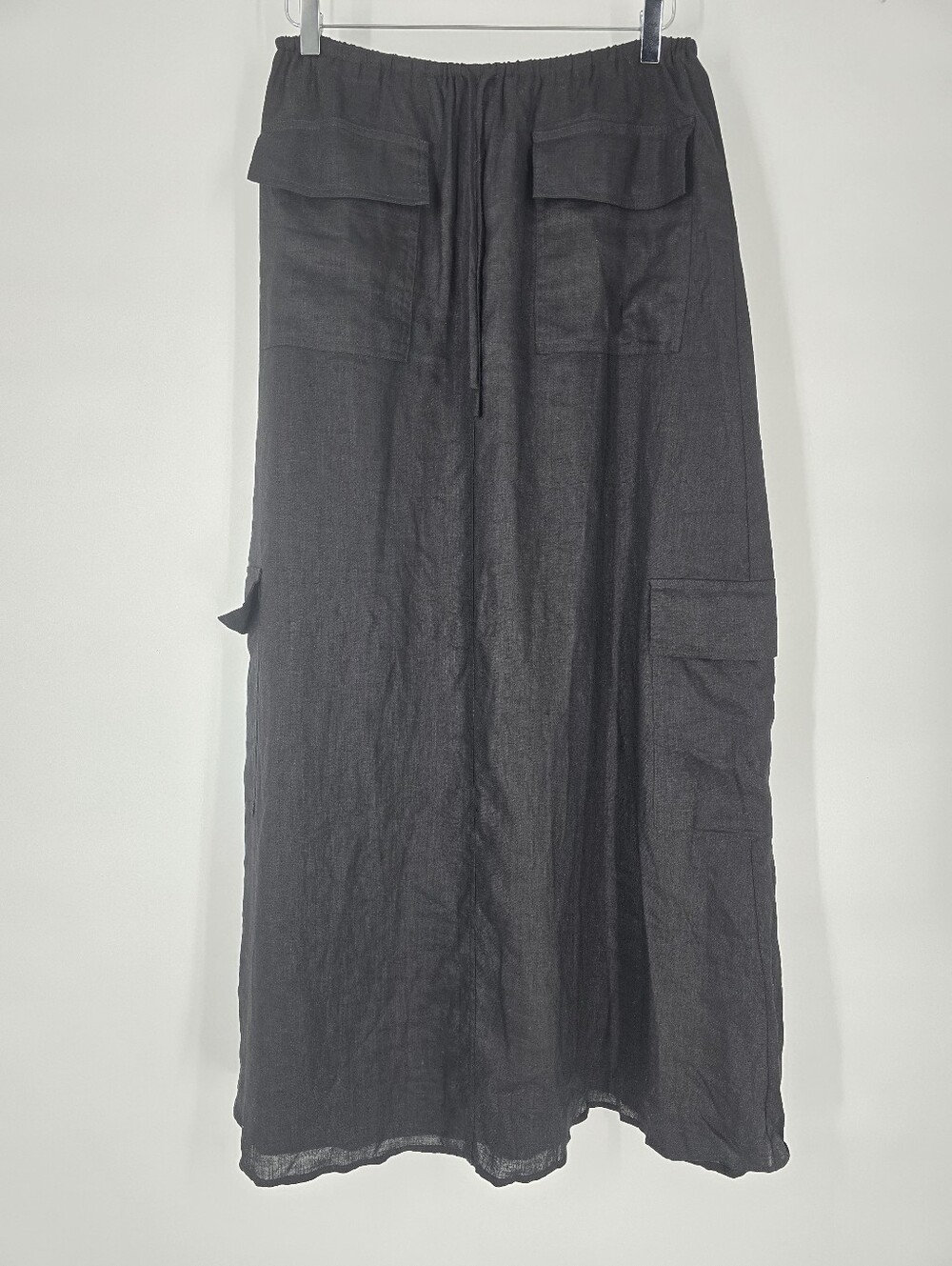 Dissh Linen Black Drawstring Midi Cargo Skirt Size 4